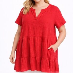 Lucky Brand 2X Boho Midi Dress Red Gauze Tiered Short Sleeve Flowy Lightweight